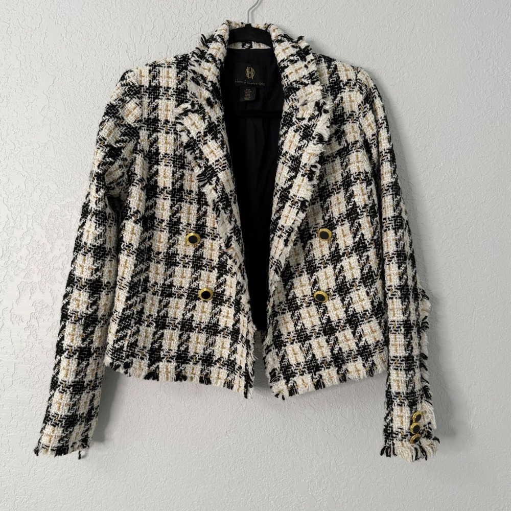 House of Harlow 1960 Houndstooth Tweed Blazer Gold Metallic Black White XS